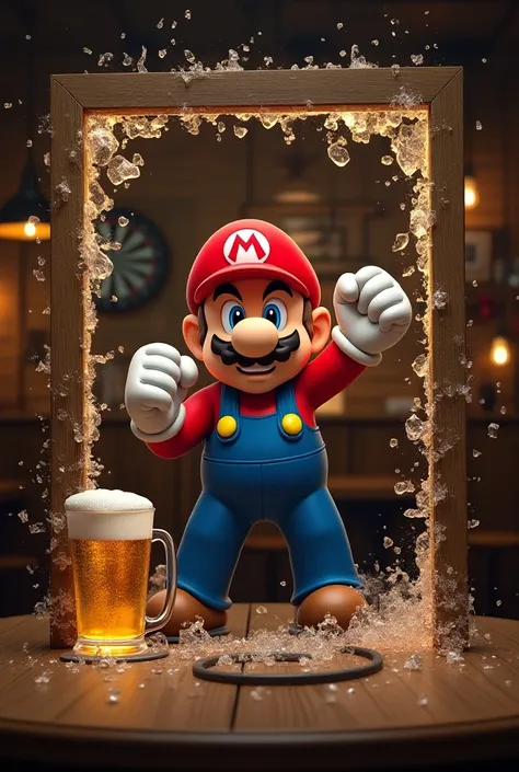 Personnage mario qui joue au jeux de flechettes en buvant une biere. contour de limage qui explose en morceau de verre