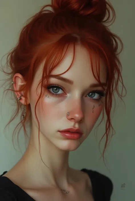  Create a picture of a woman in her early 20s ,  with red hair in a Messi bun ,  she should have piercings on her ears but also on her lip and nose , She should have blue / gray eyes and a slightly sunken face , as well as dark circles .  She is wide but d...