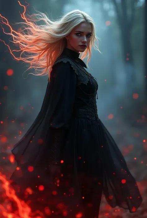 1girl, flying Blondie hair, blue eyes, fire witch, blood, full body, light particles, lightning rays, wallpaper, colorful, high contrast, vampire, smirk, evil smile, psychopathic smirk, psychopathic smile, tilted head