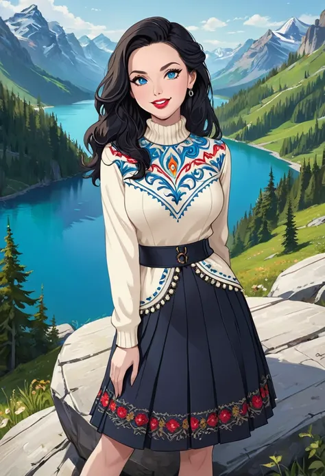 1girl, Large Black Hair With Messy Strands, Pale Skin, Red Lipstick, Dress Covered With Intricate Wood Cut Patterns. round full face, full features. wide toothy smile.Dynamic Pose., Detailed Eyes,, wide eyes, Standing On A Rock Overlooking A Mountain Valle...