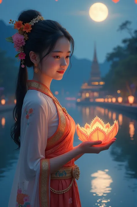 A beautiful girl wearing a Thai dress holding a flower krathong. In the krathongThe background is a river and a view of a temple. The sky has a full moon and floating lanterns in the sky.