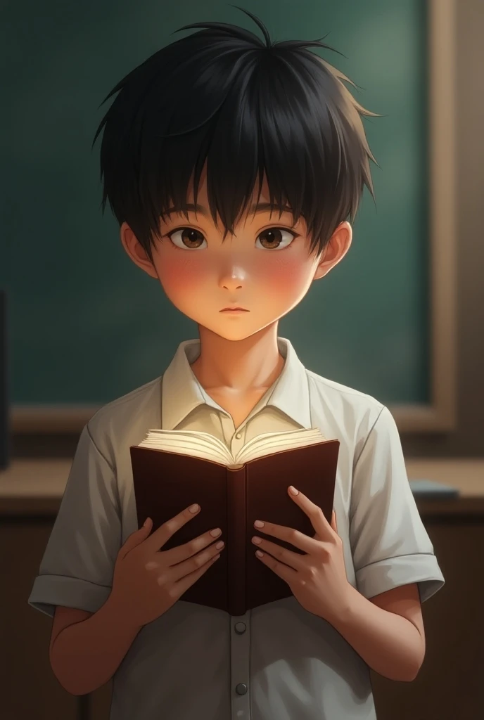 A male elementary school student is holding a book alone