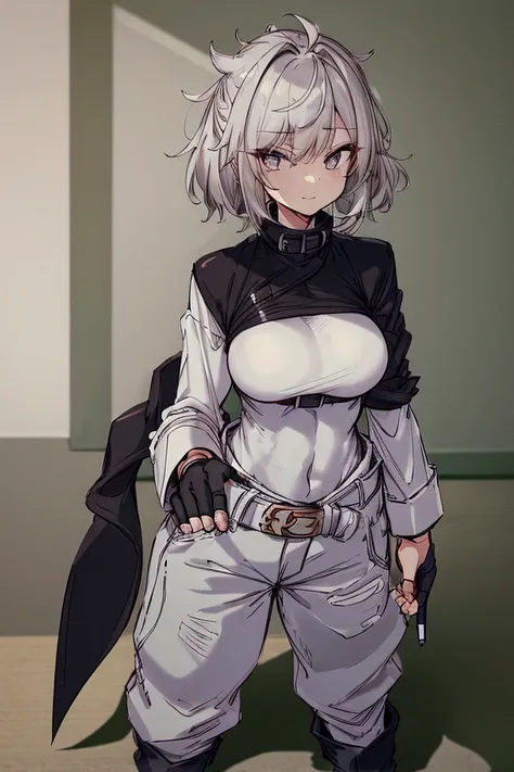  ultra detailed , Obra de arte,  Best quality ,  standing alone , arrogant smile,
 a girl, silver eyes, (medium hair gris, highlighted , medium hair,  Big breasts , toned abdomen
coat on the shoulders, pantss jeans,   long sleeve white shirt with rolled sl...