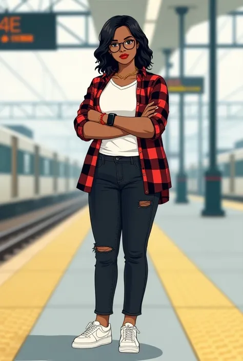 There is an illustration of a woman with brown skin is wearing a white tshirt with red and black plaid shirt and black jeans without torn. She is slightly chubby and have a shoulder length wavy black hair. She is wearing black frames round shaped glasses a...