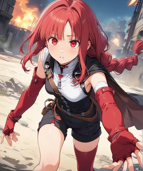 grimgaryume, yume, long hair, (red eyes:1.5), braid, red hair, single braid, BREAK thighhighs, gloves, boots, shorts, elbow gloves, fingerless gloves, cape, black shorts, red thighhighs, BREAK looking at viewer, BREAK outdoors, BREAK (masterpiece:1.2), bes...