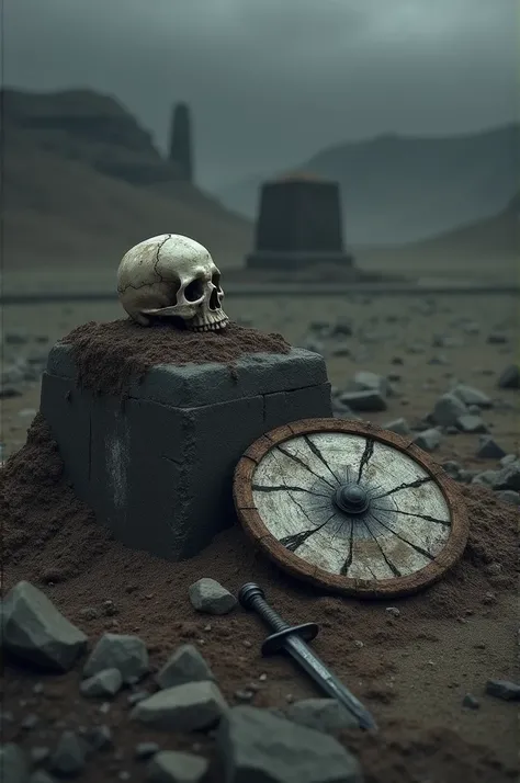 A grave the head of a fallen skull sebee the grave 
next to a cracked shield and over the shield a worn sword 