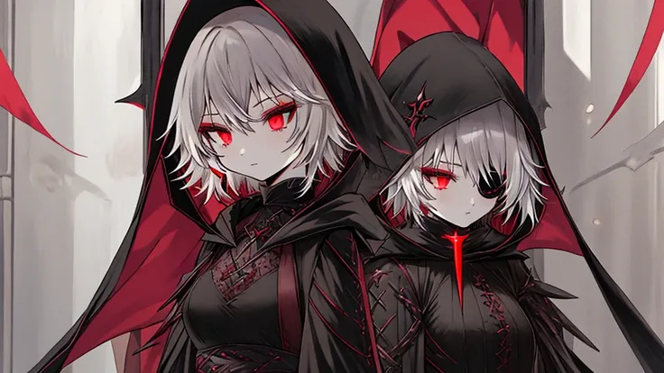 Female, one, black gothic cloak, black hooded, praying, eye patch, short silver hair red inside, white skin, crimson ruby eyes, light background, holy impression light