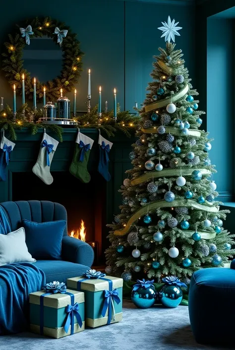 A sophisticated Christmas atmosphere with decorations focused on blue and green. The Christmas tree is decorated with ornaments in shades of navy blue and emerald green, interspersed with satin ribbons and blue LED lights. A green garland with blue details...