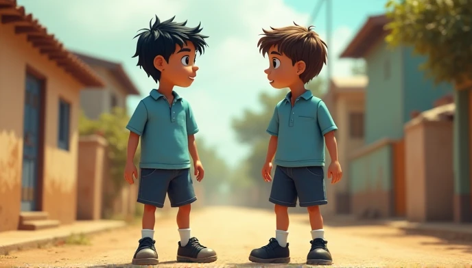 Aman has tousled black hair, bright eyes, and wears a light blue school shirt with dark blue shorts, white socks, and scuffed black shoes. Ravi has neat brown hair, kind eyes, and wears the same uniform, but with tidier socks and clean shoes, showing his g...