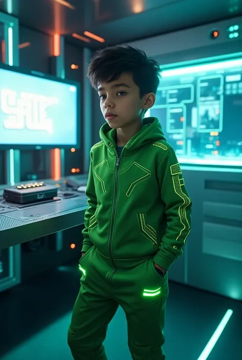 Create a gamer boy in a green outfit
