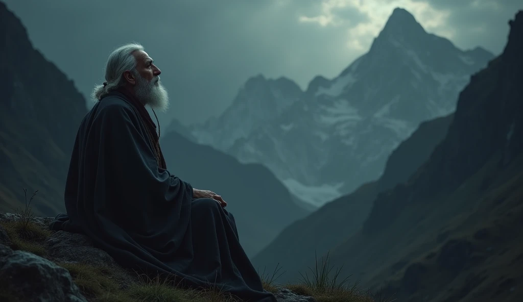 A godly  man sitting on a mountain in a natural setting looks up at the sky . Dark Photo.