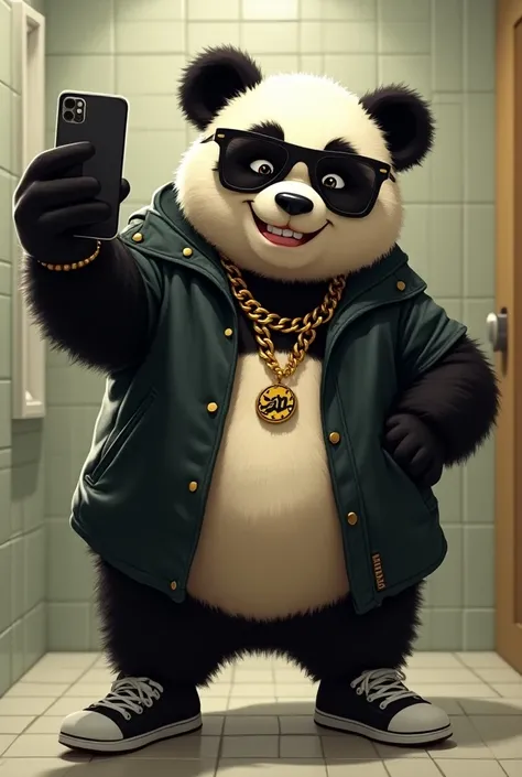 panda bear, thug, taking a selfie in the bathroom , imagen 2d, HD,  gold chains that say on the pendant "San", sunglasses,  smiling