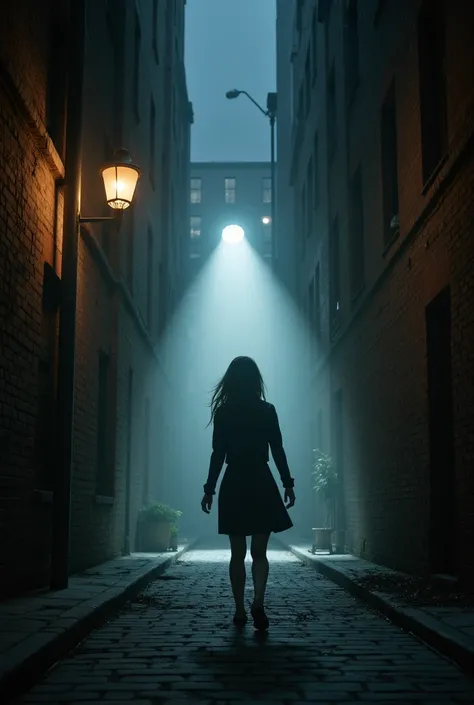 (RAW photo, realistic photo, high quality, masterpiece), Mysterious Alley, mysterious atmosphere, long hair young woman walking in alley, building, lamp post, window lights on every windows, white spot light at the end of alley, brick ground, brick wall bu...