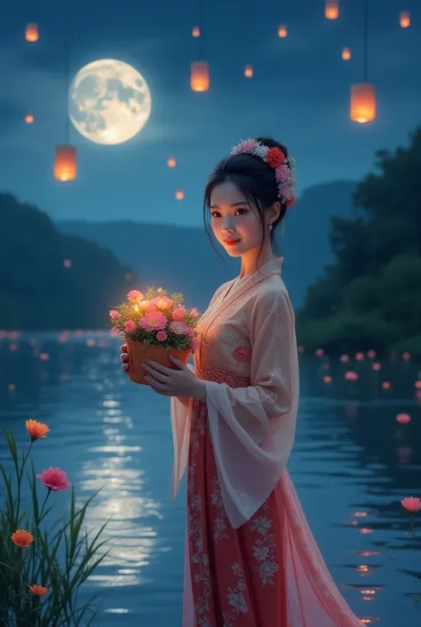 The girl in Thai dress is holding a flower pot and behind it is a river with a full pond and the view is full moon and lanterns are floating in the sky.