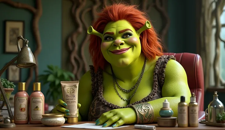 Fiona the ogre from Shrek selling beauty products in a swamp type office 