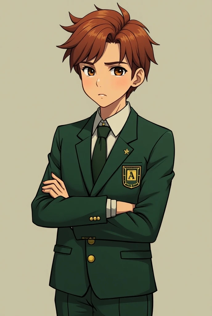 **alexis**  he has a face with defined features and an intense and calculating look .  His reddish brown hair is slightly disheveled but well maintained ,  giving him a carefree look . He wears a green school uniform that reinforces his formal and calm app...