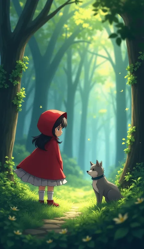 A cute  dressed as Little Red Riding Hood standing in a forest with a wolf nearby, anime style. The scene captures a whimsical and magical atmosphere, with the girl looking innocent and brave, while the wolf watches her with a curious expression. The fores...