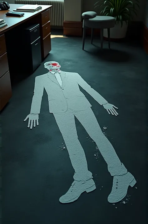 At night, a mans body is found in a wealthy office in the city center. The body is bleeding from the head. The body is not actually there, it is drawn with chalk. There is a desk next to the body. On the desk are a notebook, a phone and documents. There ar...