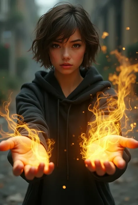 Make a realistic white 19 year old girl with short brown hair and wide brown eyes and black hoodie 
and gray pants and gold with yellow chaos magic from her hands 