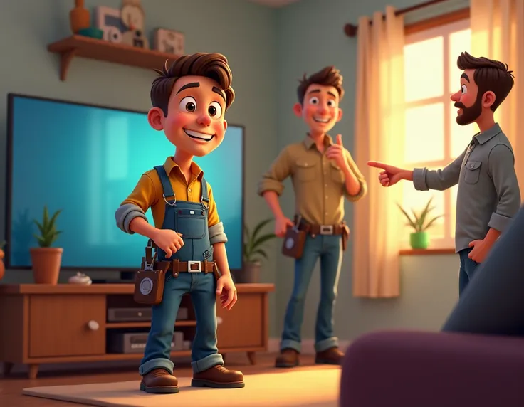 The image features a Pixar-style depiction of a 30-year-old TV repairman, focusing on the details of his clothing and tools with a friendly and confident expression. The scene is a living room with a TV set, an Android TV receiver, a comfortable tv room ,w...