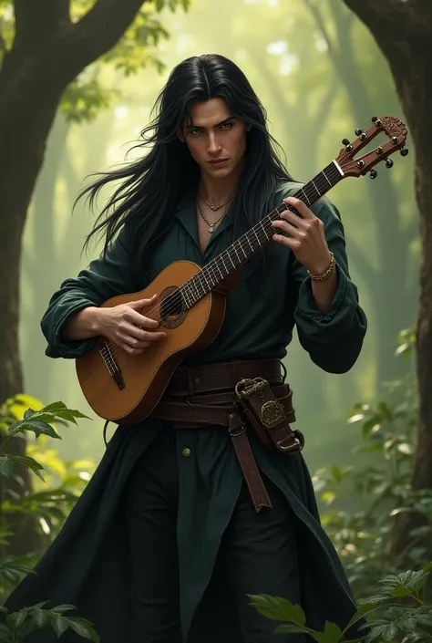 Create a half-elf bard playing a lute, cabelos longos e negros, with a rapier at his waist.