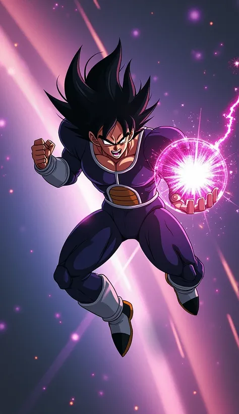  Epic image of Bardock flying through space toward the villain Freeza .  Bardock has a determined expression and is holding an energy sphere. Freeza smiles maliciously ,  ready to launch a powerful attack 