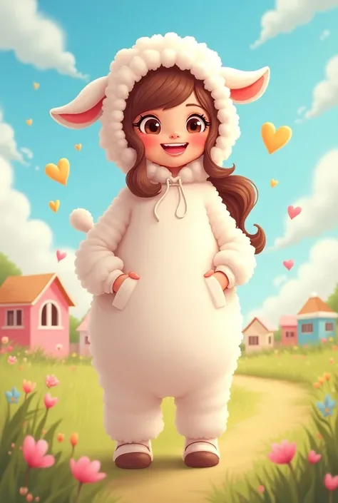 a cartoon style-poster with  a woman in a lamb costume smiling with ren
