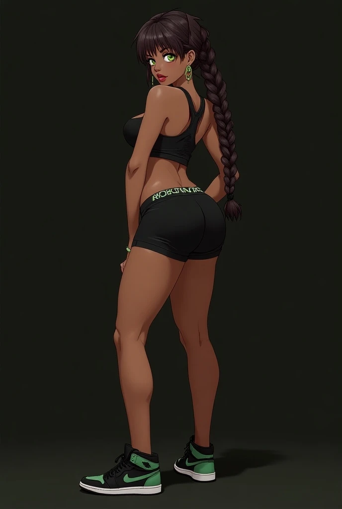 one with green eyes  , brown skin ,  gypsy braids on dark brown hair  , slightly full lips ,  wearing a black and green Jordan sneaker , with tight black shorts and a tight black top  ,  beautiful body thin waist  ,  big ass ,  thick thighs  ,  big boobs a...