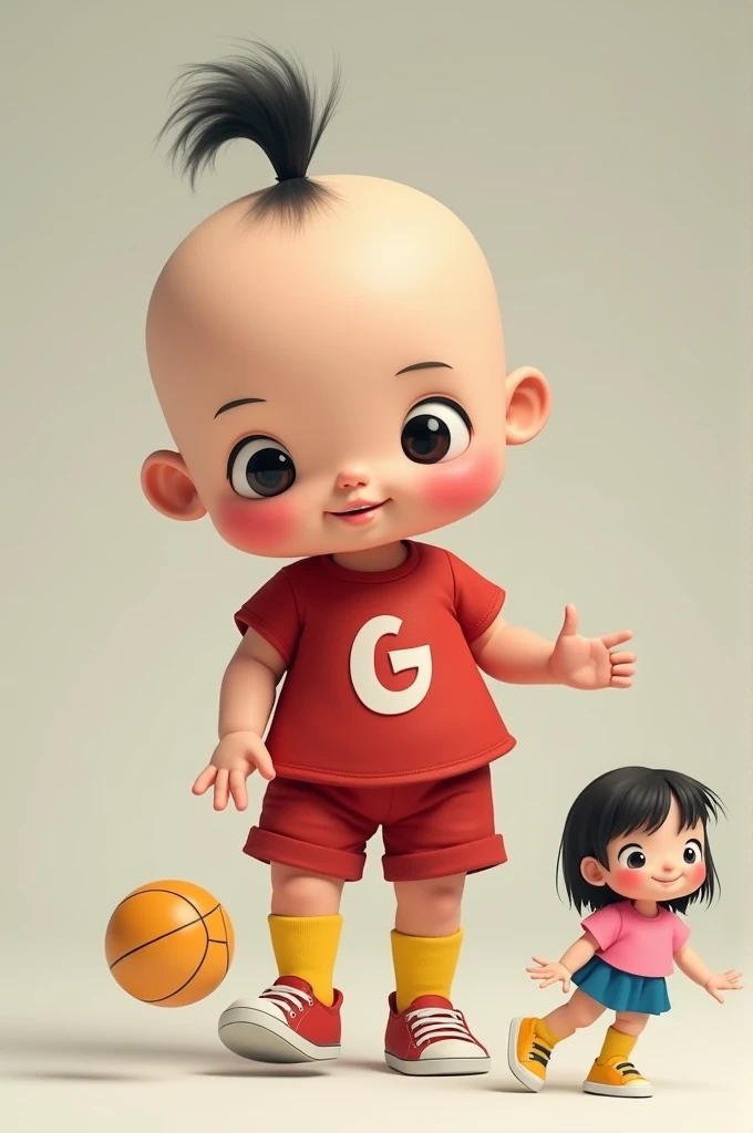 design ,  totally bald baby boy,  red t-shirt with letter G on the front, Red Bermuda Shorts, yellow socks and sneakers ,   black hair with a ponytail on his head, pink blouse, blue mini skirt, yellow socks and sneakers  pink, playing with ball 