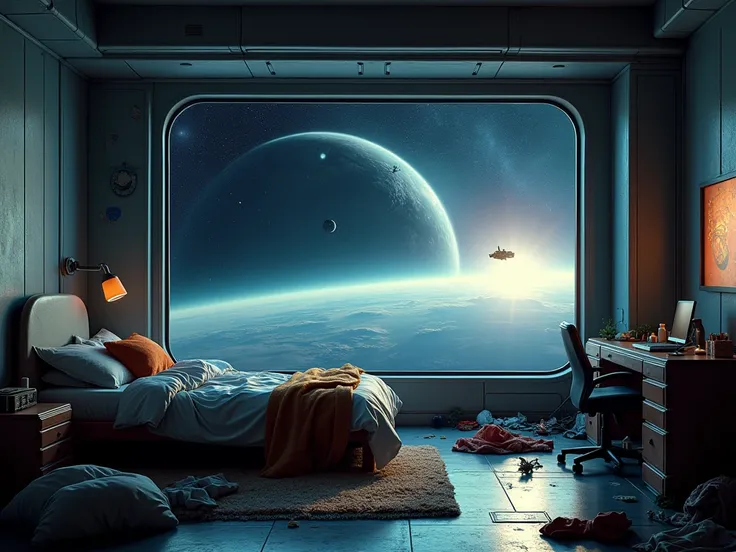  The bedroom of a messy teenager in a space station .  The girl is absent . Gritty fiction .  A huge rectangular window clear to the galaxy with bright stars and a large Earth-like planet in the background.  Some clothes are scattered on the floor .  Photo...