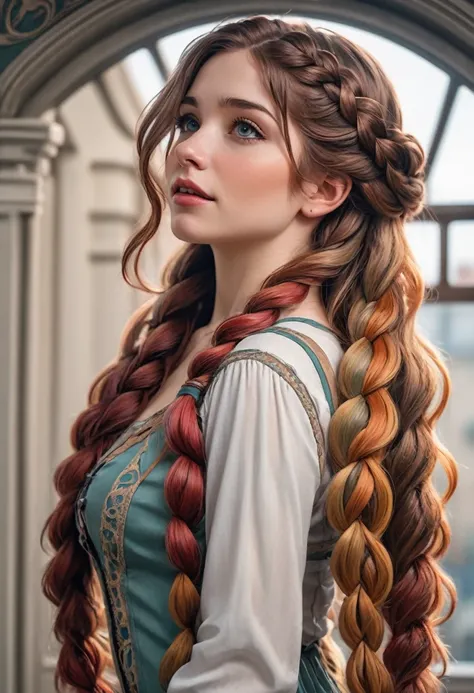 Solo, High Resolution, Long Hair, Looking at viewer, Award Winning, Best Quality, High Details, Super Detailed, Braid, Multicolored Hair, Mouth Hold, From Behind, POV, From Below, Art Nouveau, 32k