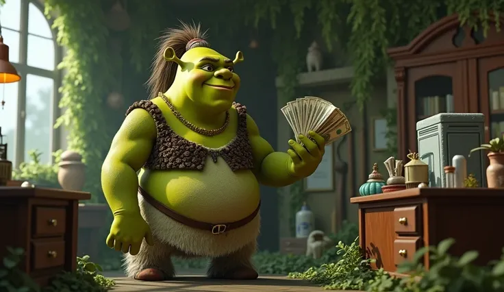 Shreks ogre Fiona receiving money for beauty products in a swamp-like office 