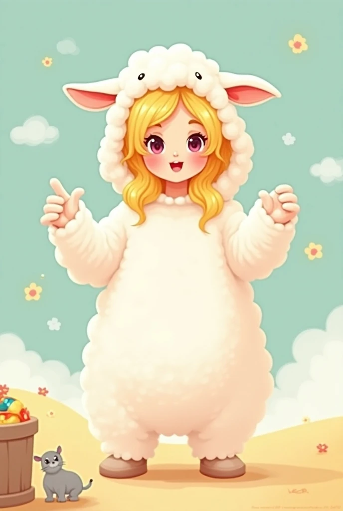 a cartoon style-poster with a woman with blond hair in a pretty lamb costume smiling with ren
