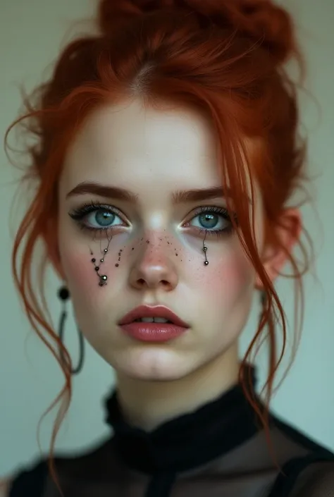  Create a picture of a woman in her early 20s ,  with red hair in a Messi bun ,  she should have piercings on her ears but also on her lip and nose , She should have blue / gray eyes and a slightly sunken face , as well as dark circles 