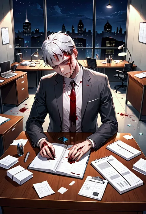 At night, a mans body is found in a wealthy office in the city center. The body is bleeding from the head. The body is not actually there, it is drawn with chalk. There is a desk next to the body. On the desk are a notebook, a phone and documents. There ar...