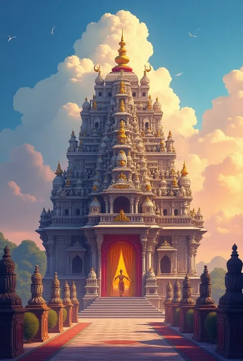 A very clear ultra HD dynamic image of Illustration of Lord Krishnas temple, with intricate carvings, vibrant colors, and a majestic architecture, conveying a sense of spirituality and divinity."

