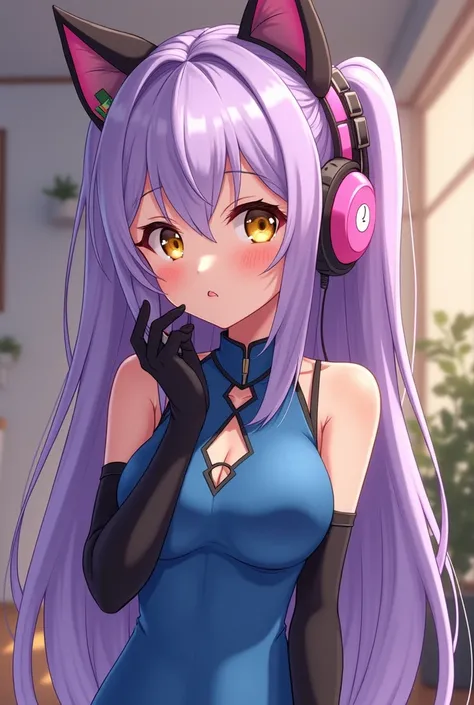 create a 2D image of a Neko anime vtuber girl with long light purple hair,  brown-brunette Latin-American skin ,   yellow eyes , sleeveless blue dress ,  with long black gloves ,  and with a pink headset making ASMR , 