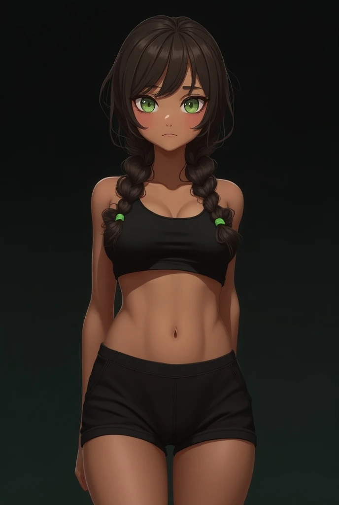 one with green eyes  , brown skin ,  gypsy braids on dark brown hair  , slightly full lips ,  wearing a black and green Jordan sneaker , with tight black shorts and a tight black top  ,  beautiful body thin waist  ,  big ass ,  thick thighs  ,  big boobs a...