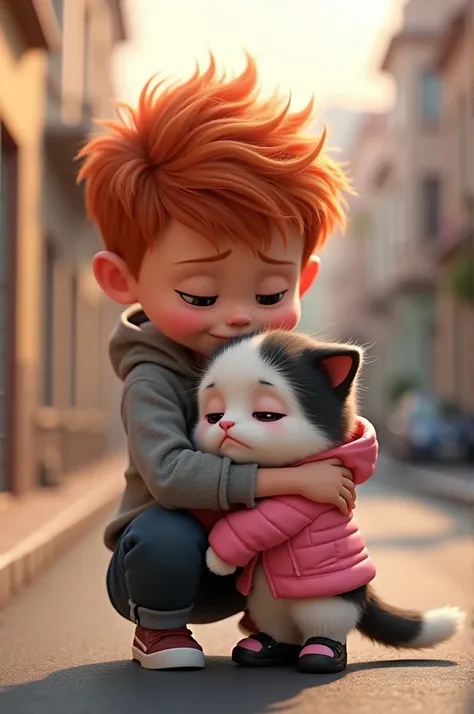 Generate a high quality 3D image:A white black cute cat wearing a pink jacket and black shoes is crying and a red haired boy picks her up in his arms on road.