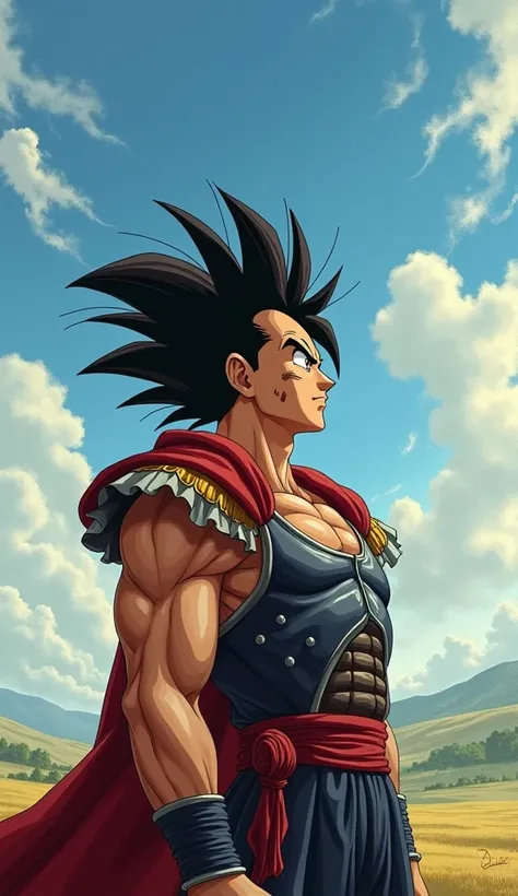  Image of Bardock from Dragon Ball looking up at the sky with a faint smile. He has an expression of peace , 