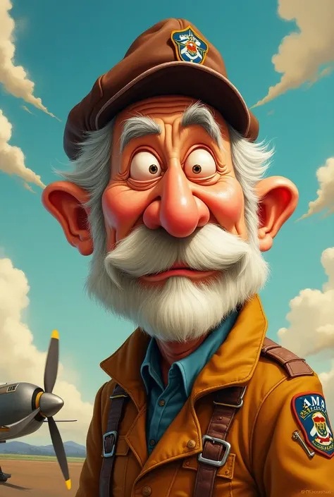 Portrait caricature of an old man,  funny、Propeller plane pilot 