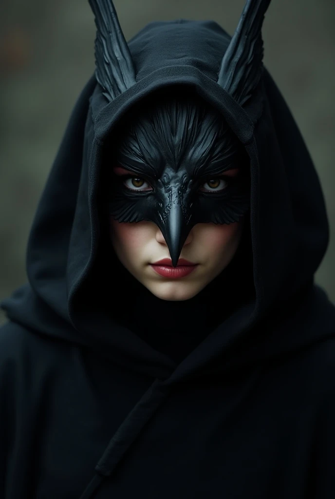 Generate the image of a person looking in front , wearing a raven mask but showing his mouth