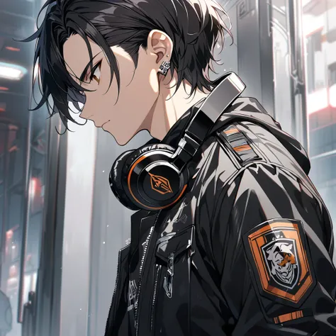 1guy, Short Hair, Black Hair, Brown Eyes, From the Side, Silver Earrings, Closed Mouth, Headphones on Neck, Wearing Jacket, Black Jacket, Bad Boy, High quality
