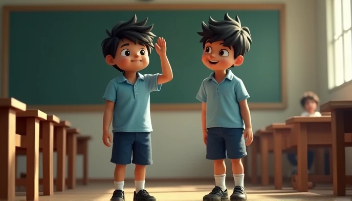 Aman has tousled black hair, bright eyes, and wears a light blue school shirt with dark blue shorts, white socks, and scuffed black shoes. Ravi has neat brown hair, kind eyes, and wears the same uniform, but with tidier socks and clean shoes, showing his g...