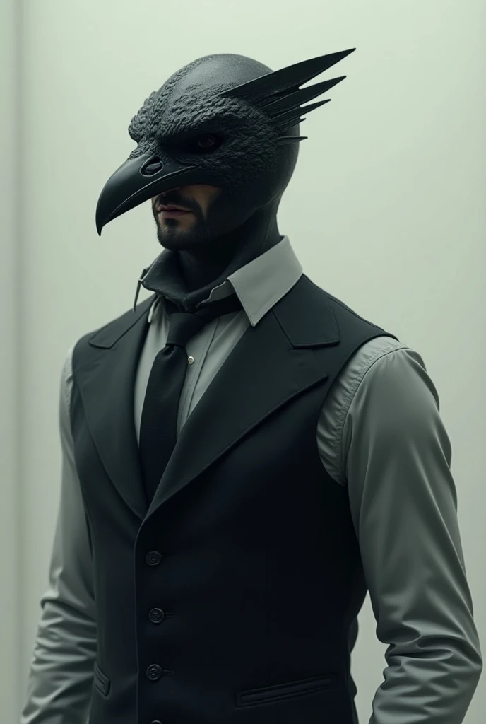 Generate the image of a person looking in front , wearing a raven mask but showing his mouth and making it look like a gentlemans helmet