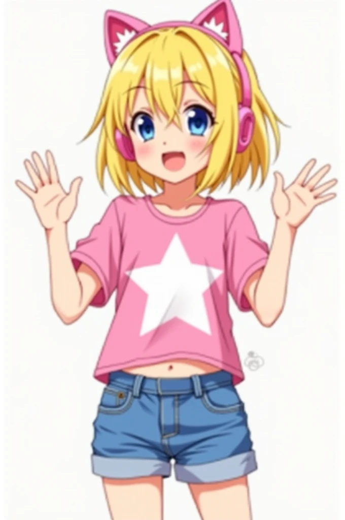 A blue-eyed teenager wearing pink cat headphones with medium yellow hair, a pink shirt in the sleeves and in the middle white with a star and with short jean with the poce of applaud in white skin anime version