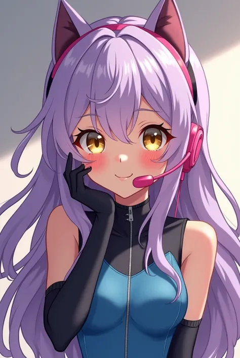 create a 2D image of a Neko anime vtuber girl with long light purple hair,  brown-brunette Latin-American skin ,   yellow eyes , sleeveless blue dress ,  with long black gloves ,  and with a pink headset making ASMR , Definition of a juvenile body without ...