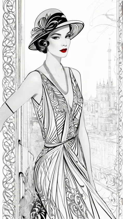 
Create a stunning fashion illustration inspired by Mustafa Soydans style. The artwork should feature a line art sketch on a dreamy  background, showcasing vibrant 1920s fashion. Incorporate elements like red lipstick and colored clothing, with a dreamy, b...