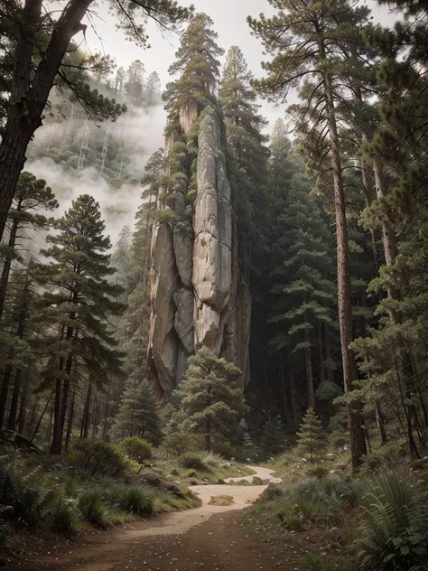 A forest of tall, rugged rock formations reaching toward the sky, surrounded by dense greenery and mist that adds a mystical touch. The scene is calm and earthy, with realistic textures on the rocks and trees, conveying the awe-inspiring beauty of untouche...