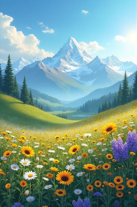  A mountain landscape with hills covered by wild flowers of various colors , how sunflowers , daisies and lavender . In the background,  the highest mountains have snow peaks ,  contrasting with the exuberance of the flowery field .  The sky is clear and b...